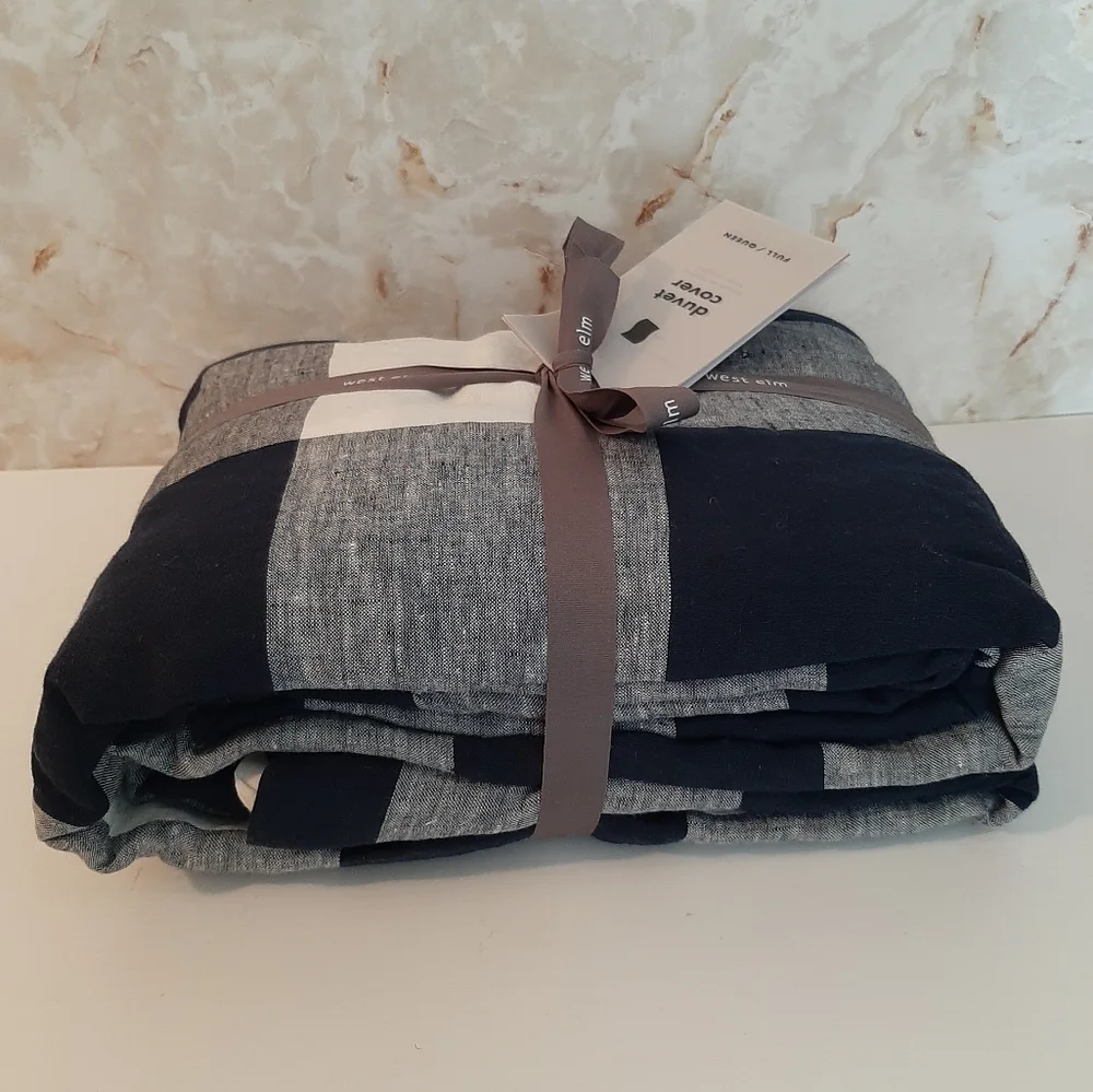 West Elm Heather Taylor Home Gingham Full Queen Linen Duvet Cover Midnight